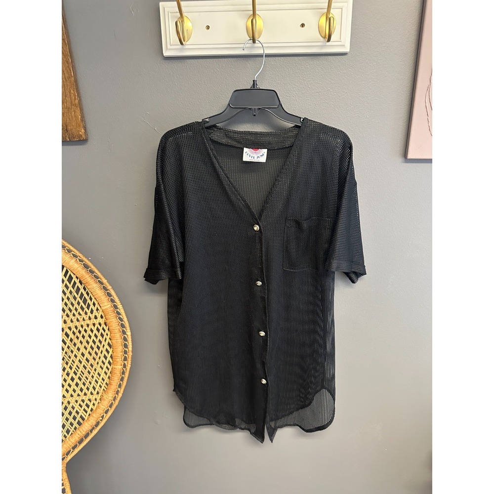 Vtg 90s Womens Size L Swim Cover Up Black Western Buttons Beach Vacation Resort